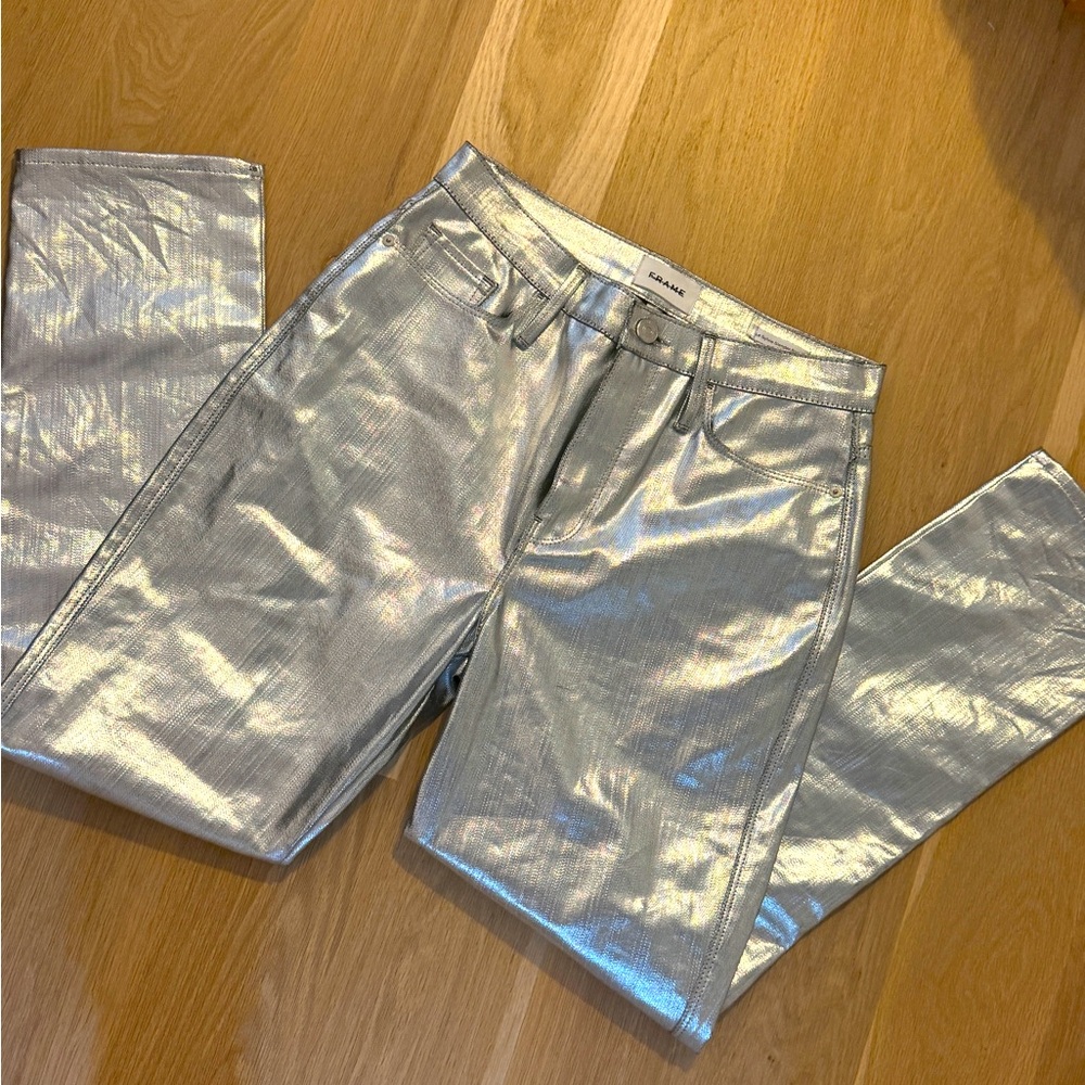 Frame Le Sylvie Slender Straight Silver Coated Jeans  Metallic Chrome Women's 28